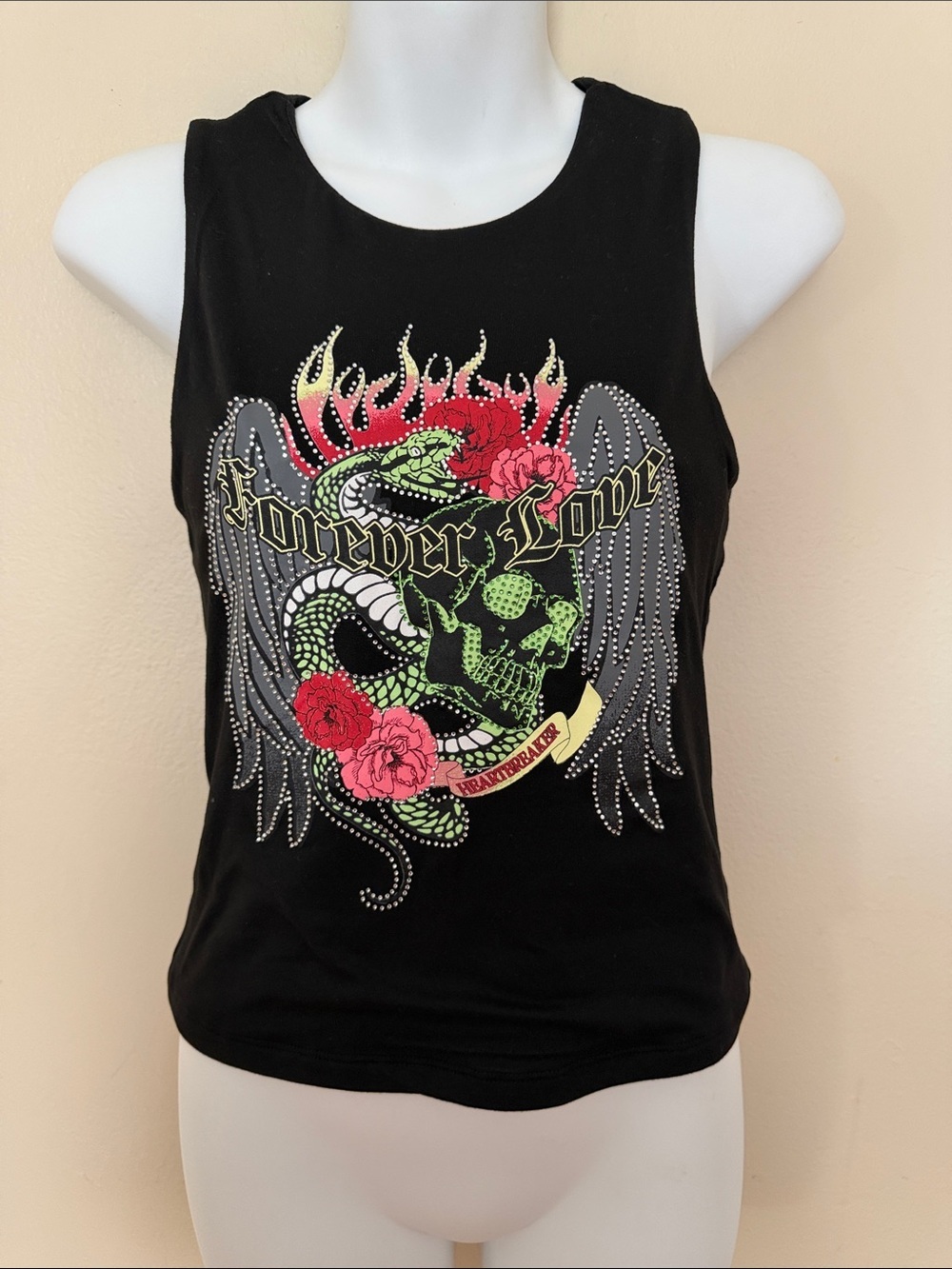 Forever 21 Black Graphic Tank with Green Skull and Pink Roses